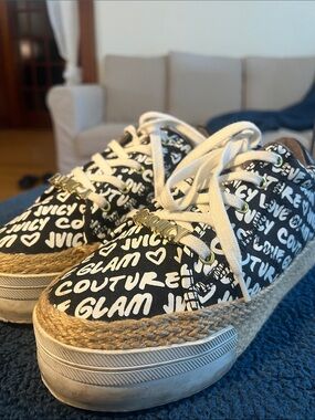 Y2K Juicy Couture Black & White Graffiti Espadrille Sneaker with Gold Accent